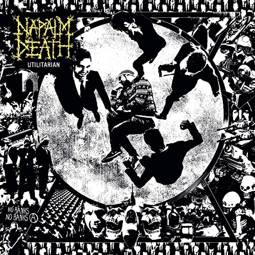 Napalm Death album cover, āUtilitarian,ā black and white chaotic imagery.