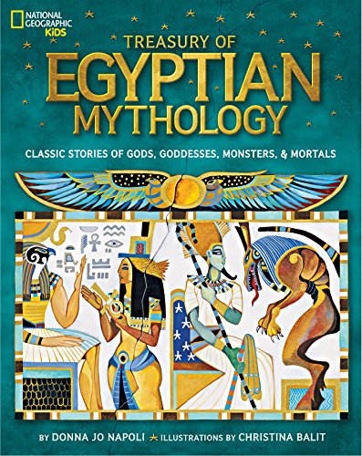 Book cover: "Treasury of Egyptian Mythology" with illustrated scenes.