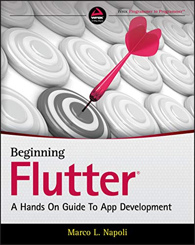 Book cover for Beginning Flutter with a pink dart hitting a gray target.