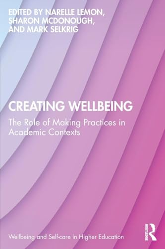 Book cover with layered purple and pink waves, title “Creating Wellbeing”.