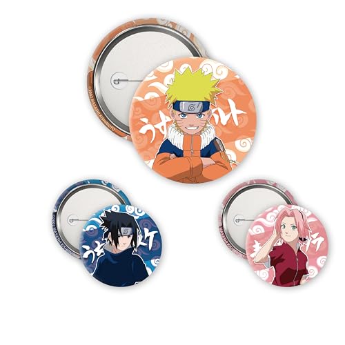 Three circular badges featuring Naruto, Sasuke, and Sakura from the anime series.