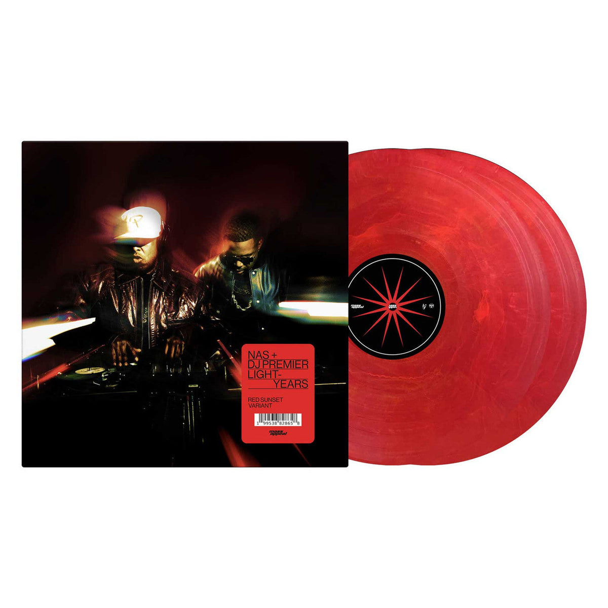 Nas and DJ Premier vinyl record cover with a marbled red translucent vinyl disc.