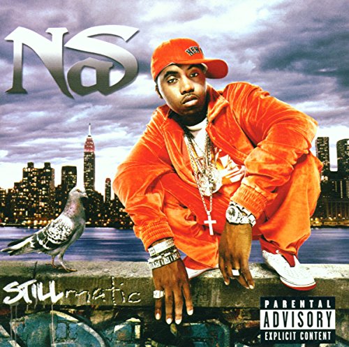 Nas album cover, "Stillmatic," featuring the rapper in orange clothing.