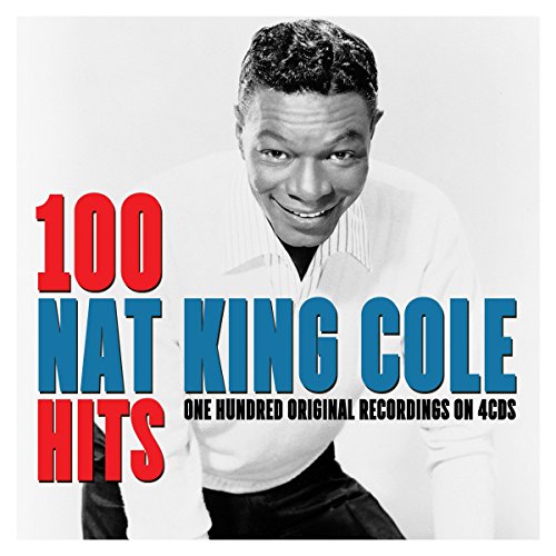Black and white portrait of Nat King Cole with red and blue text overlay.