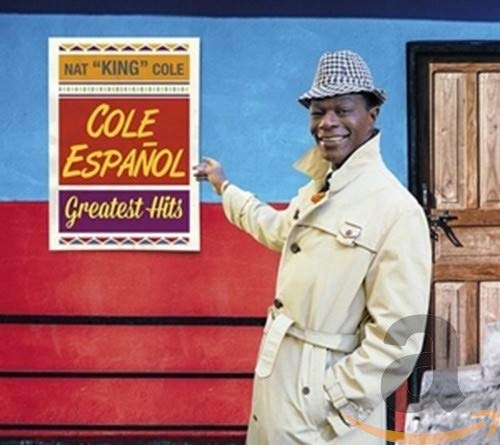 Nat King Cole in a trench coat and hat pointing at his album cover.