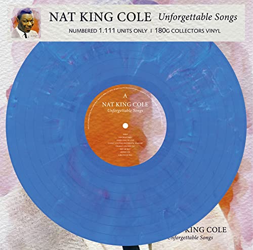 Marbled blue vinyl record of Nat King Cole’s “Unforgettable Songs.”