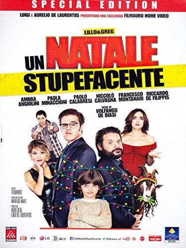 DVD cover for "Natale Stupefacente" featuring a cast of six people and a goat.