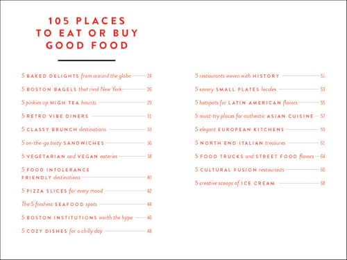 Book page listing Boston food destinations, with red text on white.