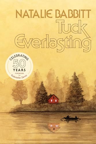 Book cover of Tuck Everlasting showing a red house by a lake with a boat.