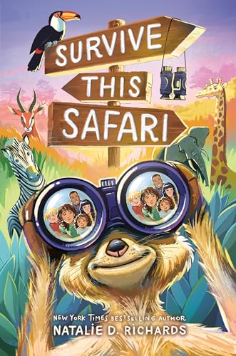 Book cover: monkey with binoculars, safari animals, and directional signs.