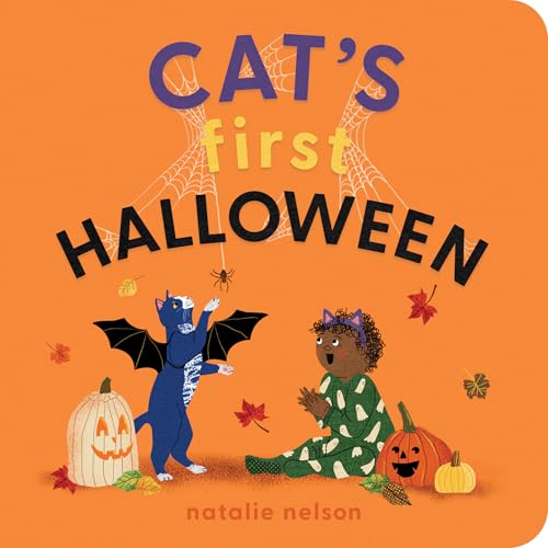Board book cover: cat in costume with child on orange background.