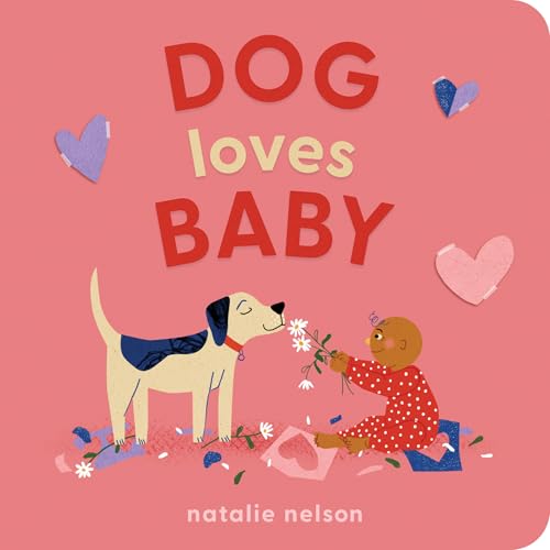 Book cover showing a dog and baby with flowers on a pink background.