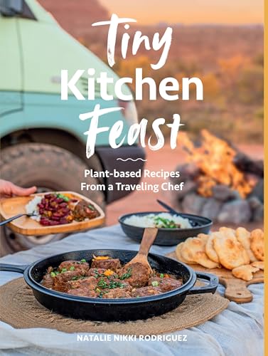 Cookbook cover featuring plant-based food, a van, and desert landscape.