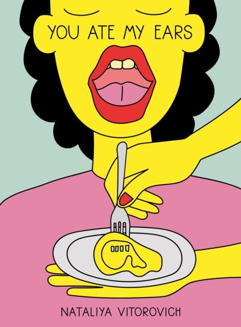 Yellow face with open mouth and hand offering ear on a fork.