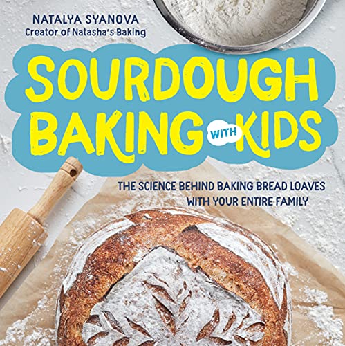 Book cover: "Sourdough Baking with Kids" featuring bread, flour, and rolling pin.