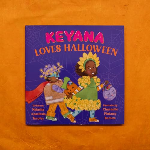 Children’s book cover, “Keyana Loves Halloween,” featuring two kids in costume.