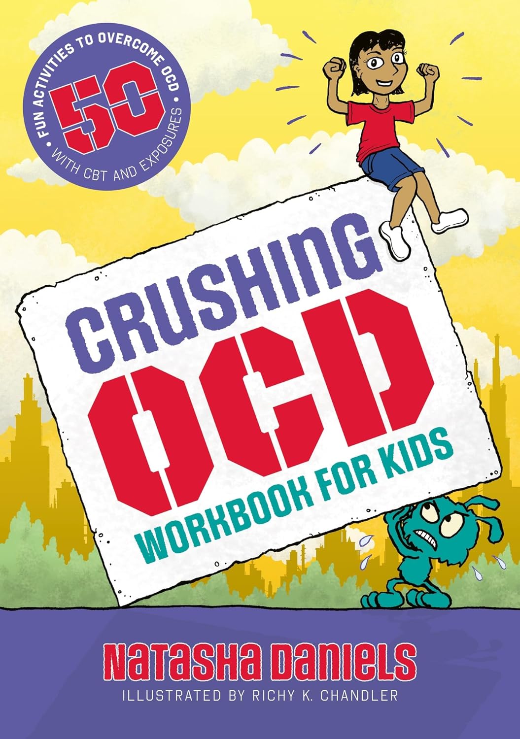 Book cover featuring a child sitting on a sign titled Crushing OCD Workbook for Kids.