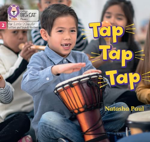 A boy playing a djembe drum with other children, titled Tap, Tap, Tap.