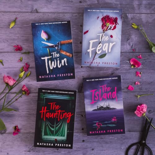 Book cover, “The Fear” by Natasha Preston, with flowers and scissors.