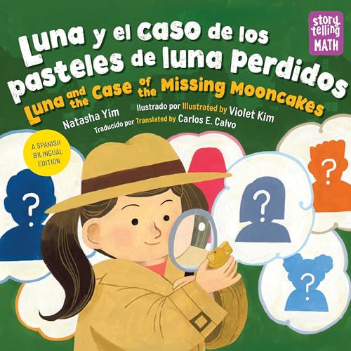 Girl detective with magnifying glass investigates missing mooncakes, bilingual book cover.