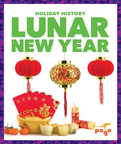 Lunar New Year book cover with lanterns, red envelopes, and festive items on white background.