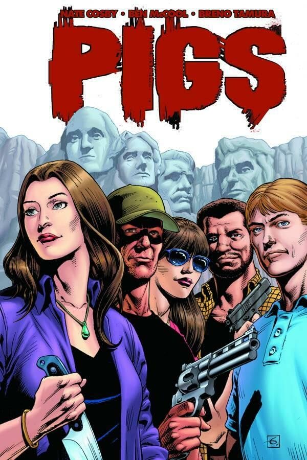 Comic book cover featuring five figures with weapons, "PIGS" in red text.