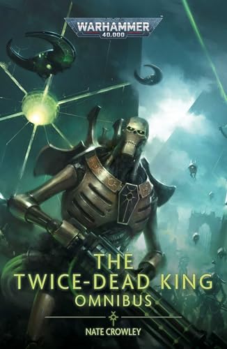 A skeletal metallic warrior holds a weapon in a dark, green-lit sci-fi landscape.