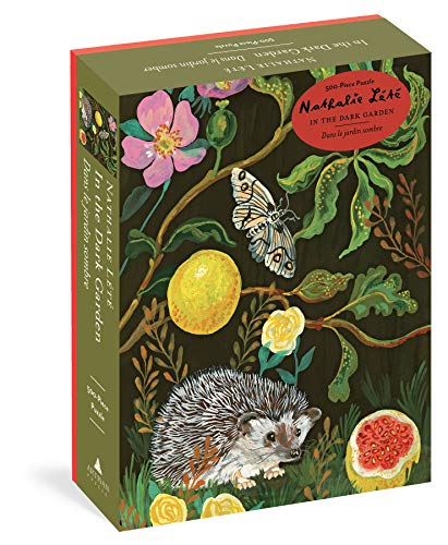 Puzzle box depicting flowers, a hedgehog, and a butterfly in dark foliage.