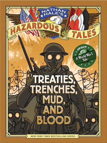 Soldier in gas mask holds rifle on book cover with barbed wire background.