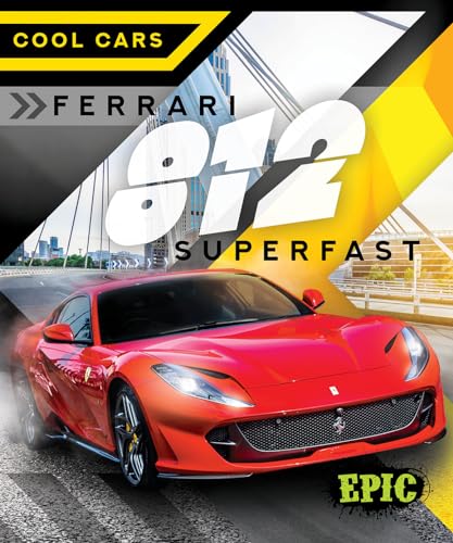 Red Ferrari 812 Superfast sports car with a bridge in the background.