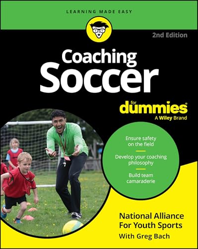 Book cover: "Coaching Soccer For Dummies" with a coach and young players.