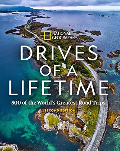Book cover: “Drives of a Lifetime,” featuring a coastal road and turquoise water.
