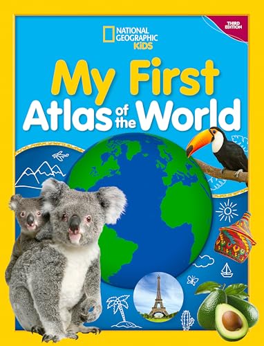 Book cover: “My First Atlas of the World” with animals and landmarks.