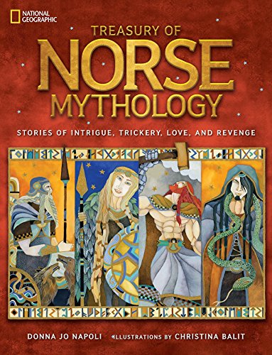 Book cover: "Norse Mythology" with illustrated figures from Norse legends.