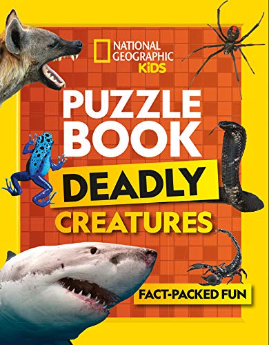 Puzzle book cover featuring a shark, snake, spider, and other dangerous animals.