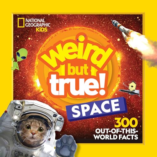 Book cover: “Weird But True! Space” with astronaut cat and planets.
