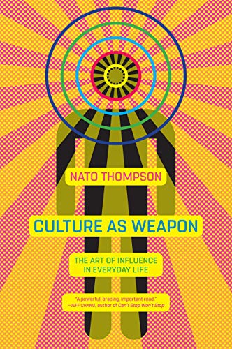 Book cover: "Culture as Weapon" with abstract figure in yellow and pink.