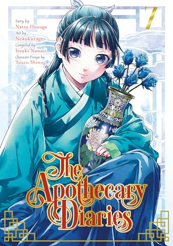 Manga cover featuring a young woman in blue robes holding a vase of roses.