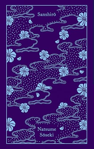 Book cover for "Sanshiro" with blue floral pattern on purple background.