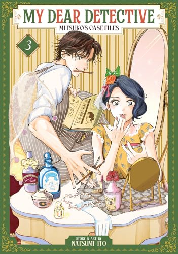 Manga cover with a man and woman, vintage bottles, and a mirror.