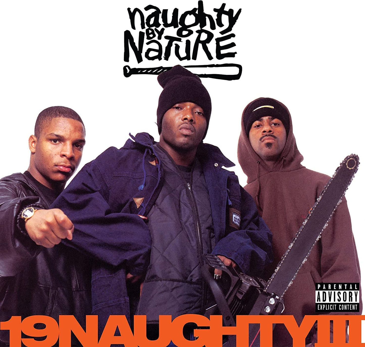 Album cover for Naughty By Nature’s “19 Naughty III” featuring three men.