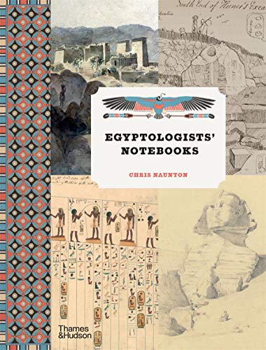 Book cover titled Egyptologists’ Notebooks featuring Egyptian illustrations, hieroglyphs, and a decorative patterned side