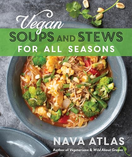 Cookbook cover featuring a bowl of vegan soup with broccoli and noodles.