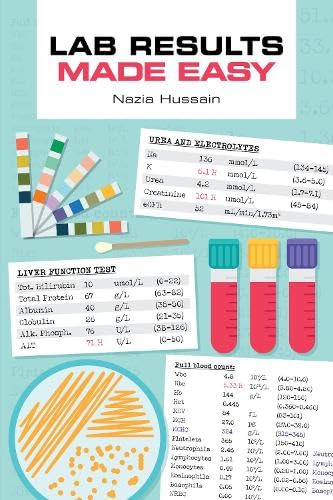 Book cover with lab test results, vials, and medical testing supplies on light blue background.