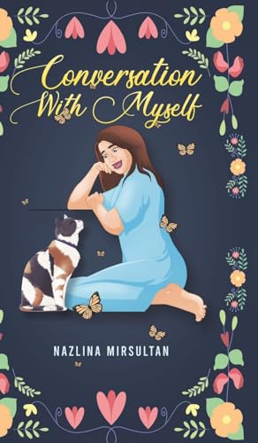 Book cover: woman with cat, butterflies, floral decorations, dark background.