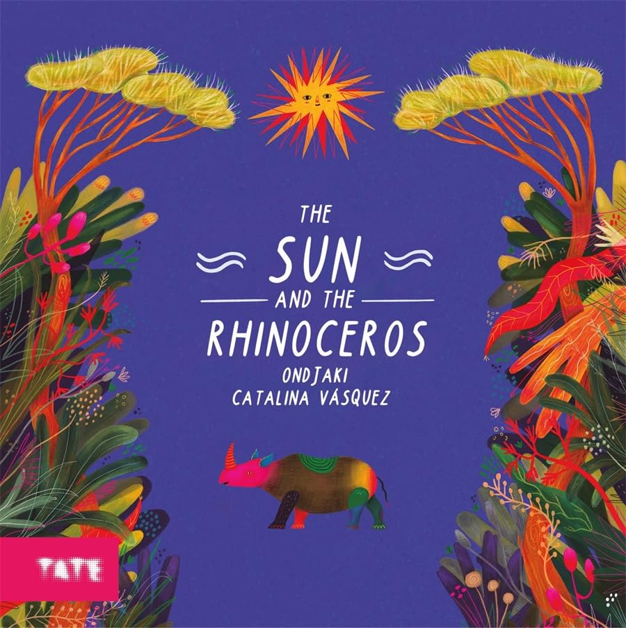 Book cover: a pink rhinoceros under a bright yellow sun and foliage.