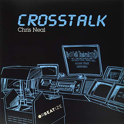 Crosstalk" vinyl album cover with blue text and sketched vintage computer imagery.