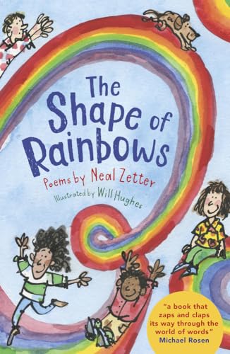 Book cover titled The Shape of Rainbows featuring children and a dog with rainbows.