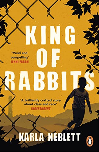 Book cover: boy seen from behind, wire fence, yellow background.