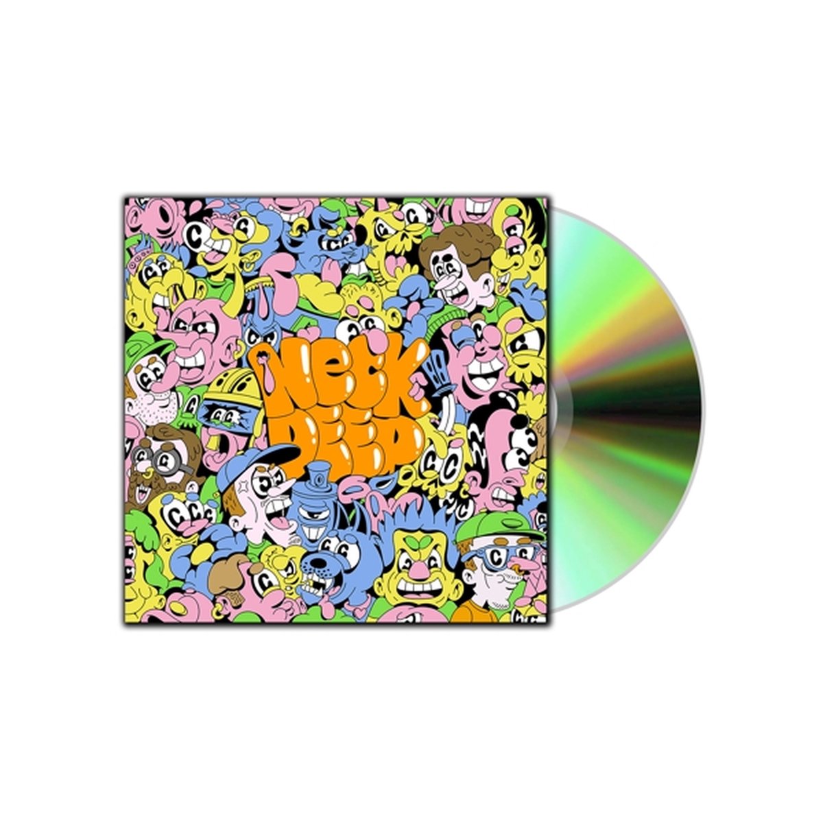 Neck Deep" CD case with colorful cartoon characters and a reflective disc.